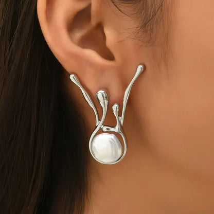 Aretes de Perla Plata Irregular Antiguos | Oro Blanco