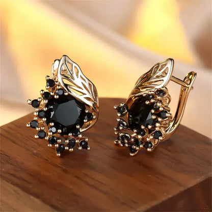 Aretes Dorados de Zirconia Negra | Oro