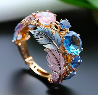 Anillo de Cristal Pluma Exótica Antiguo | Oro