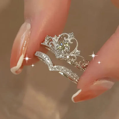 Set de Anillos Corona Plata Brillante | Oro Blanco