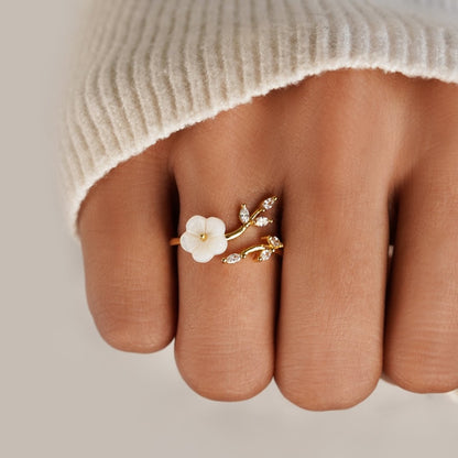 Anillo Abierto Floral y Hoja en Oro