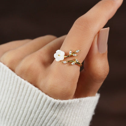 Anillo Abierto Floral y Hoja en Oro
