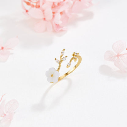 Anillo Abierto Floral y Hoja en Oro
