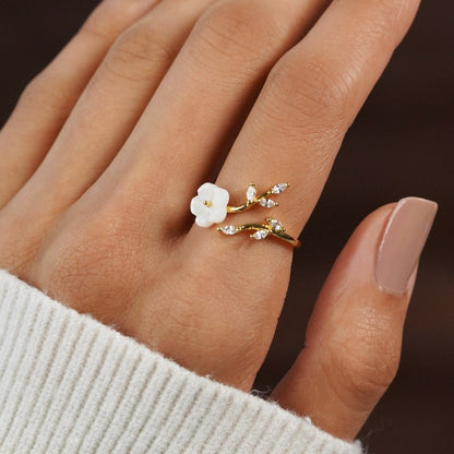Anillo Abierto Floral y Hoja en Oro